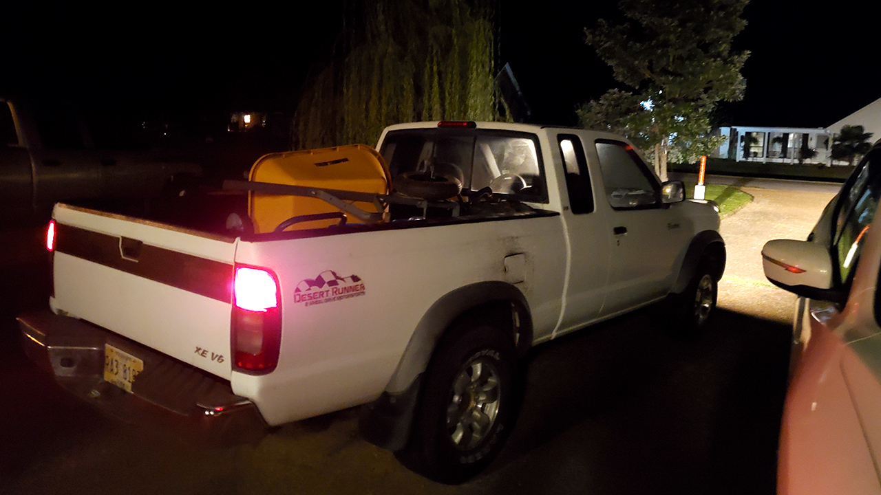 4:09 a.m. Truck is packed and loaded. We did a safety check, even on a recently replaced taillight.